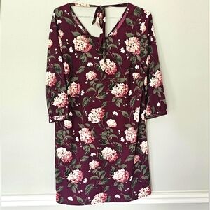 LOFT OUTLET Burgundy Maroon Floral 3/4 Sleeve Bow Shift Dress Small L